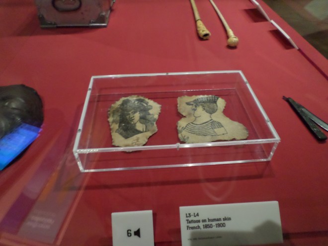 Two pieces of tattooed human skin.